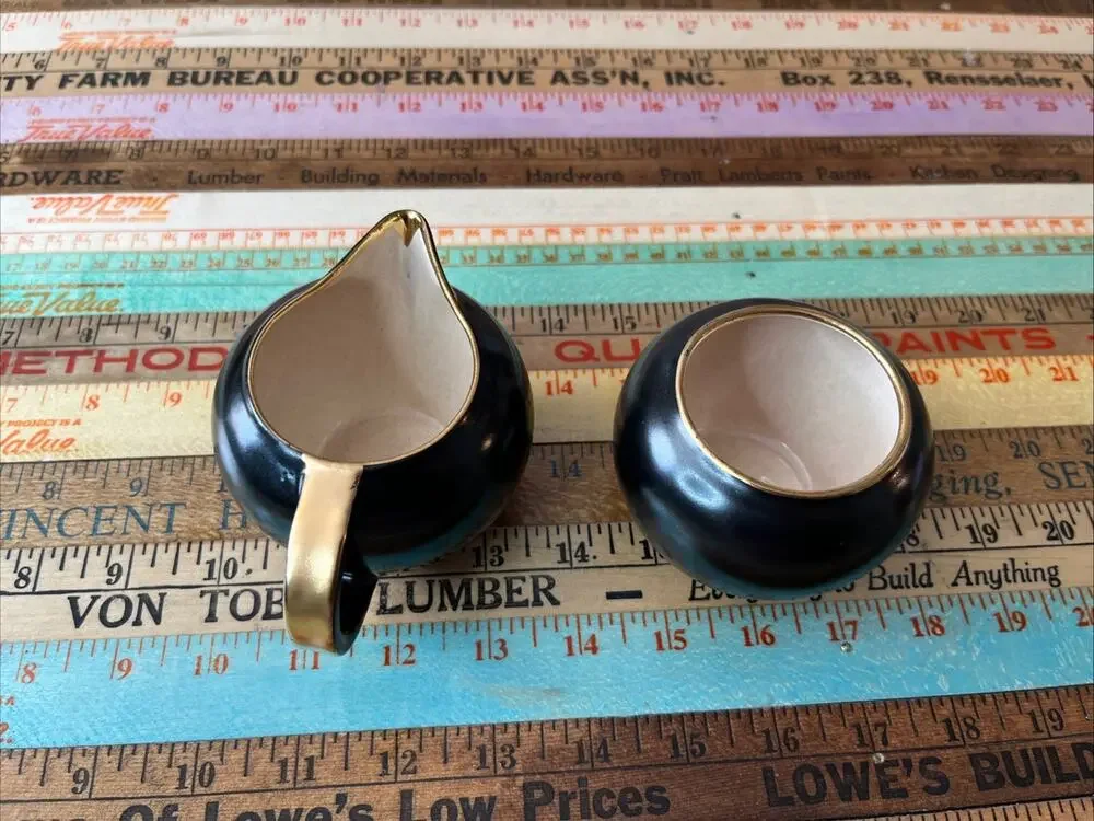 Vintage Villeroy Boch MCM Cream and Sugar Set Black with Gold Trim